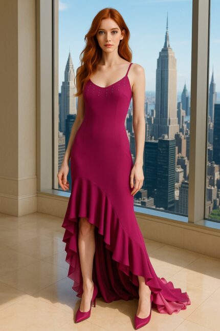 Βραδινό φόρεμα Μουσελίνα με ασύμμετρη φούστα