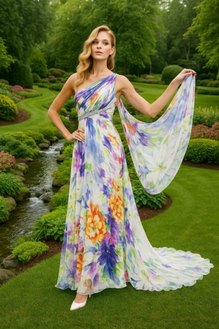 βραδινό φόρεμα μουσελίνα φλοραλ με ασύμμετρο κορσαζ